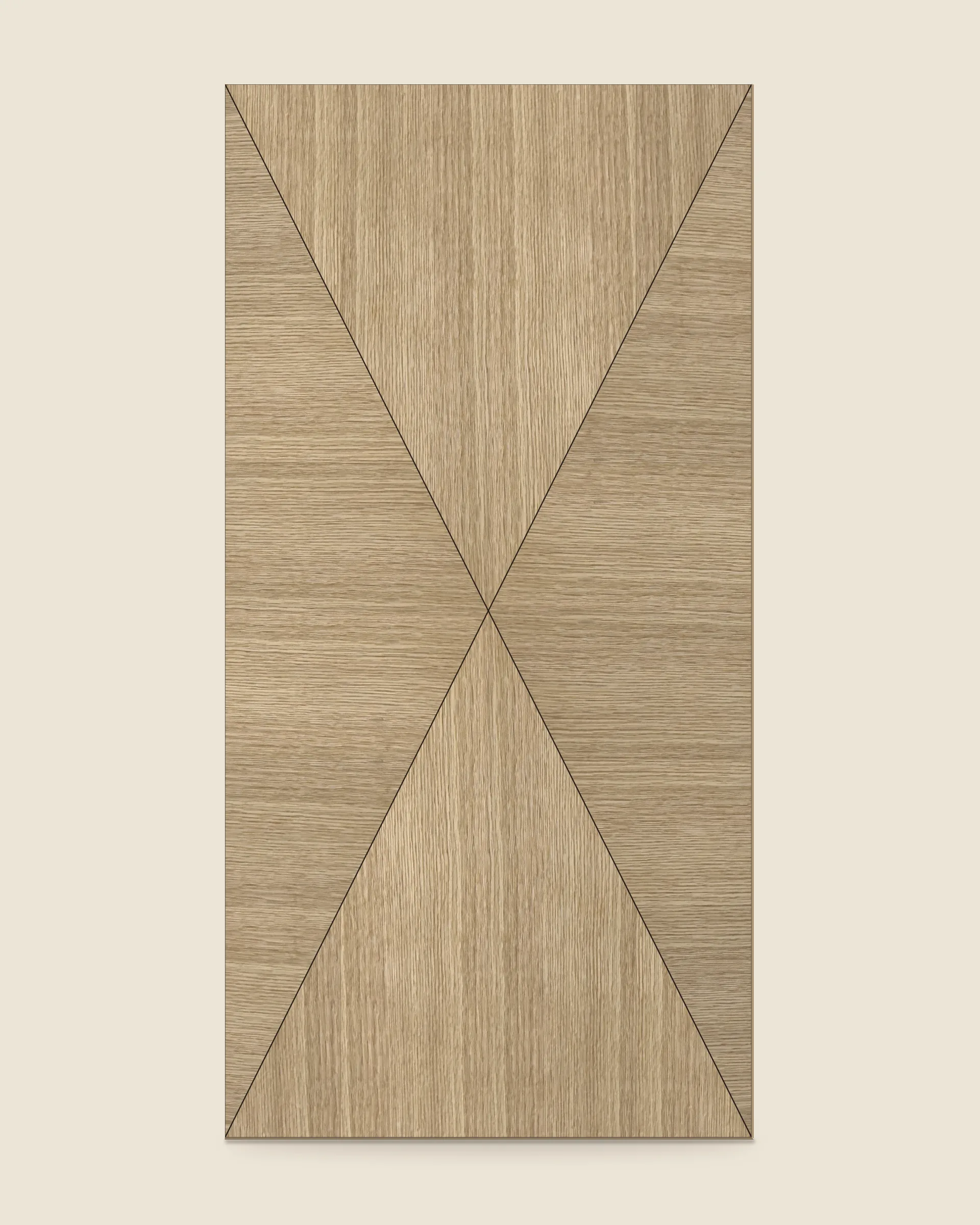 The shop's own straight-grain leaves in a reverse box match on a 4 x 8 panel: four mitered pieces, the grain running in from each edge to the center.