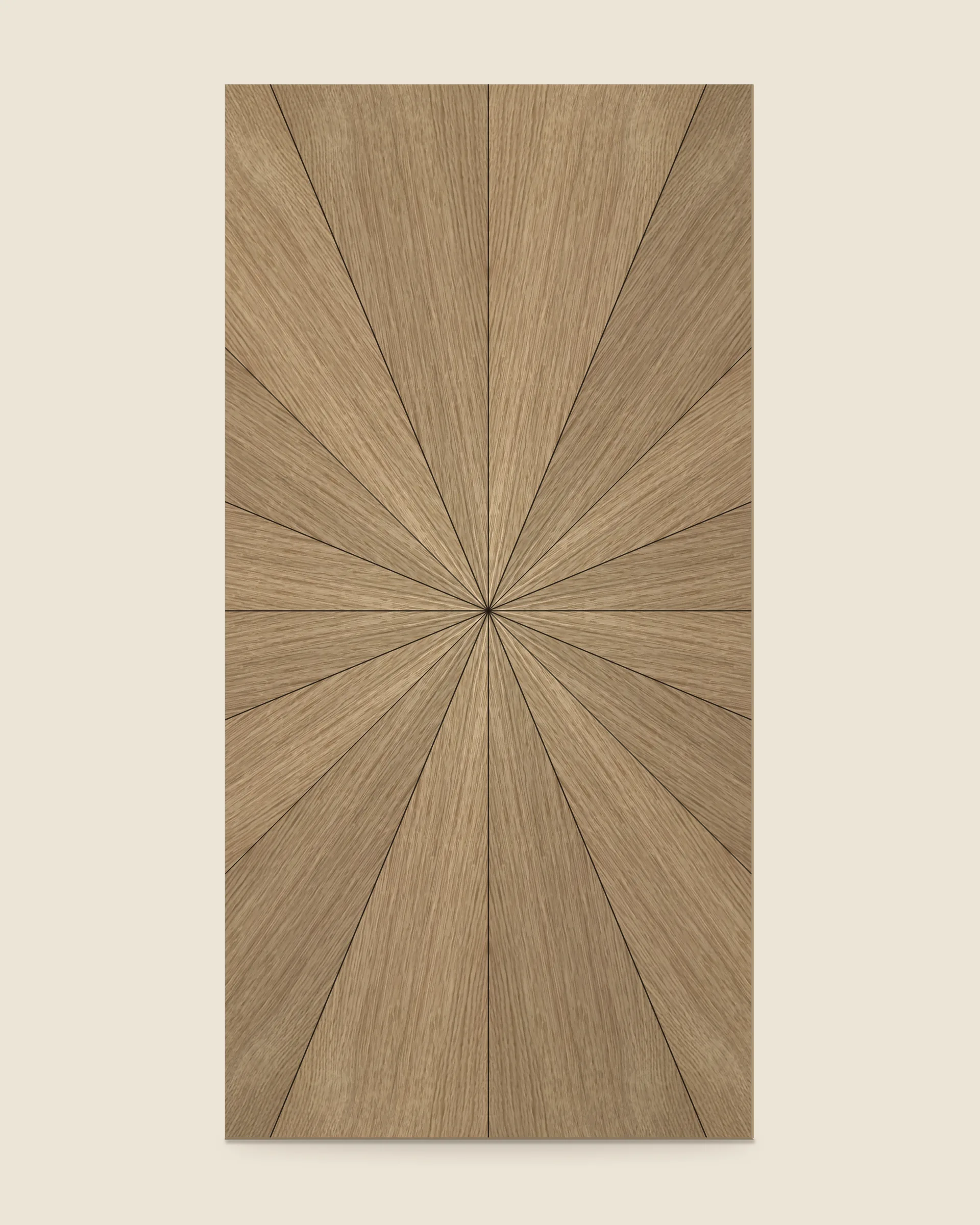 The shop's own straight-grain leaves in a sunburst match on a 4 x 8 panel: wedges radiating from the center, the grain running out to the edge in each.
